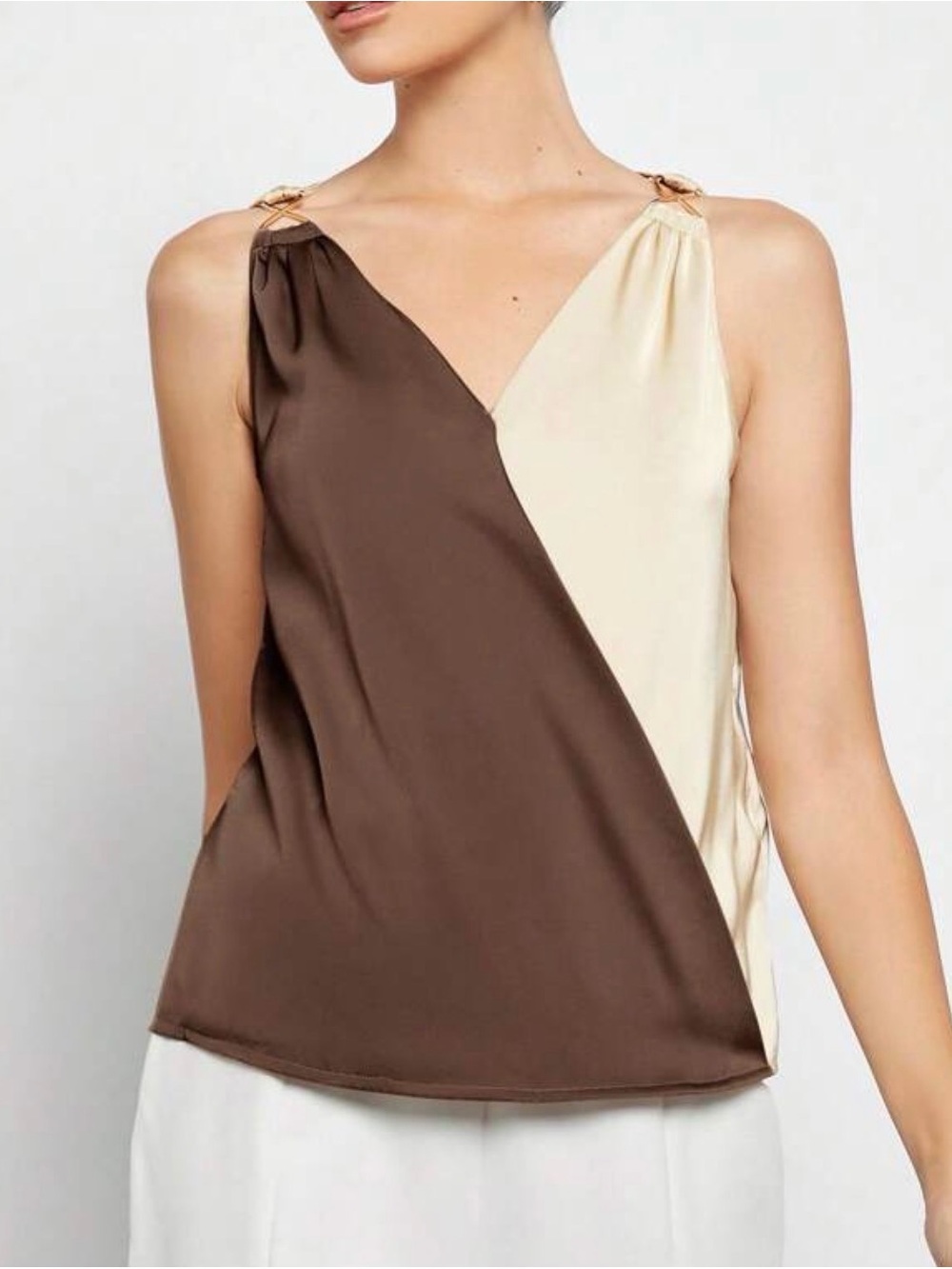 Sleeveless Two-Tone Satin V-Neck Top in Brown & Cream NWOT